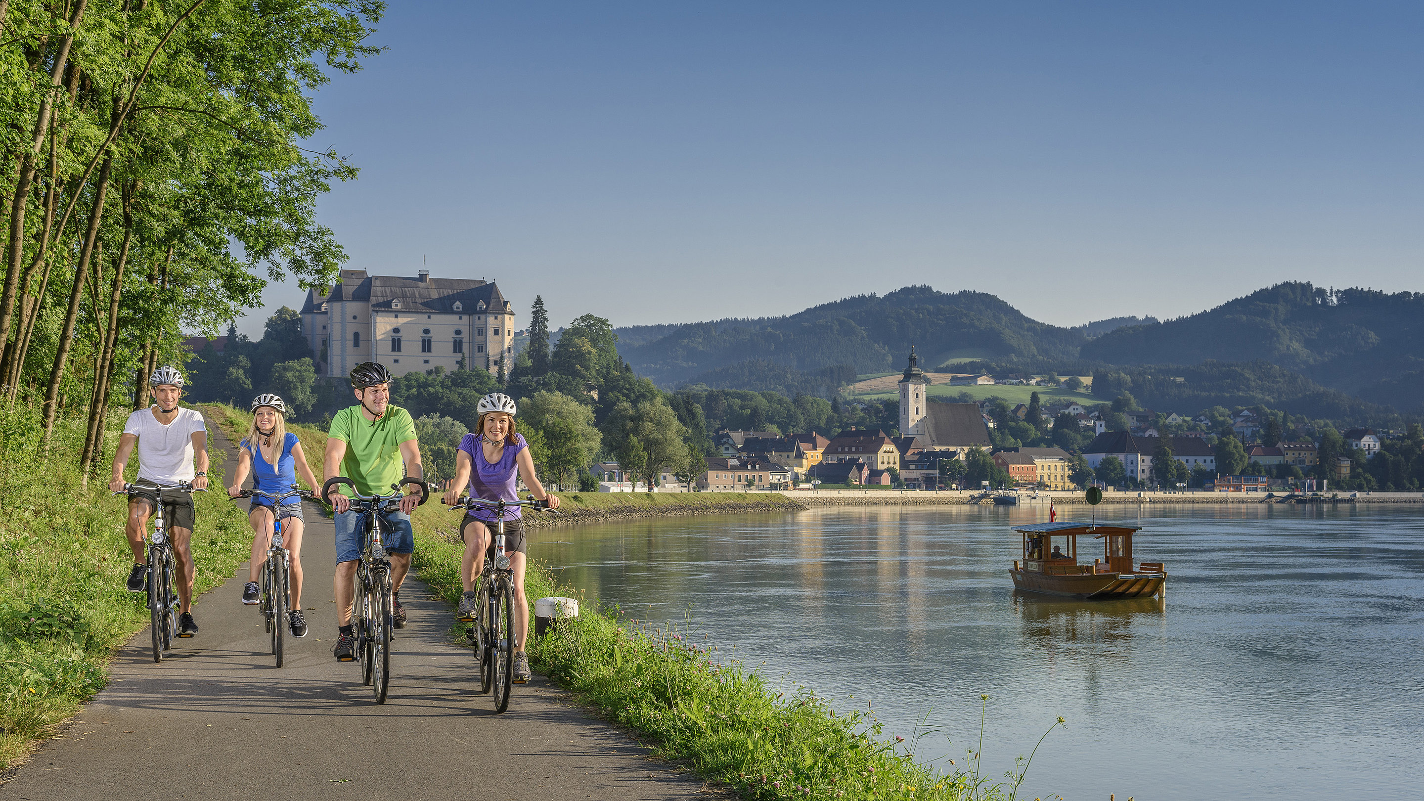 Vier Radfahrende fahren auf dem Donauradweg bei Grein entlang