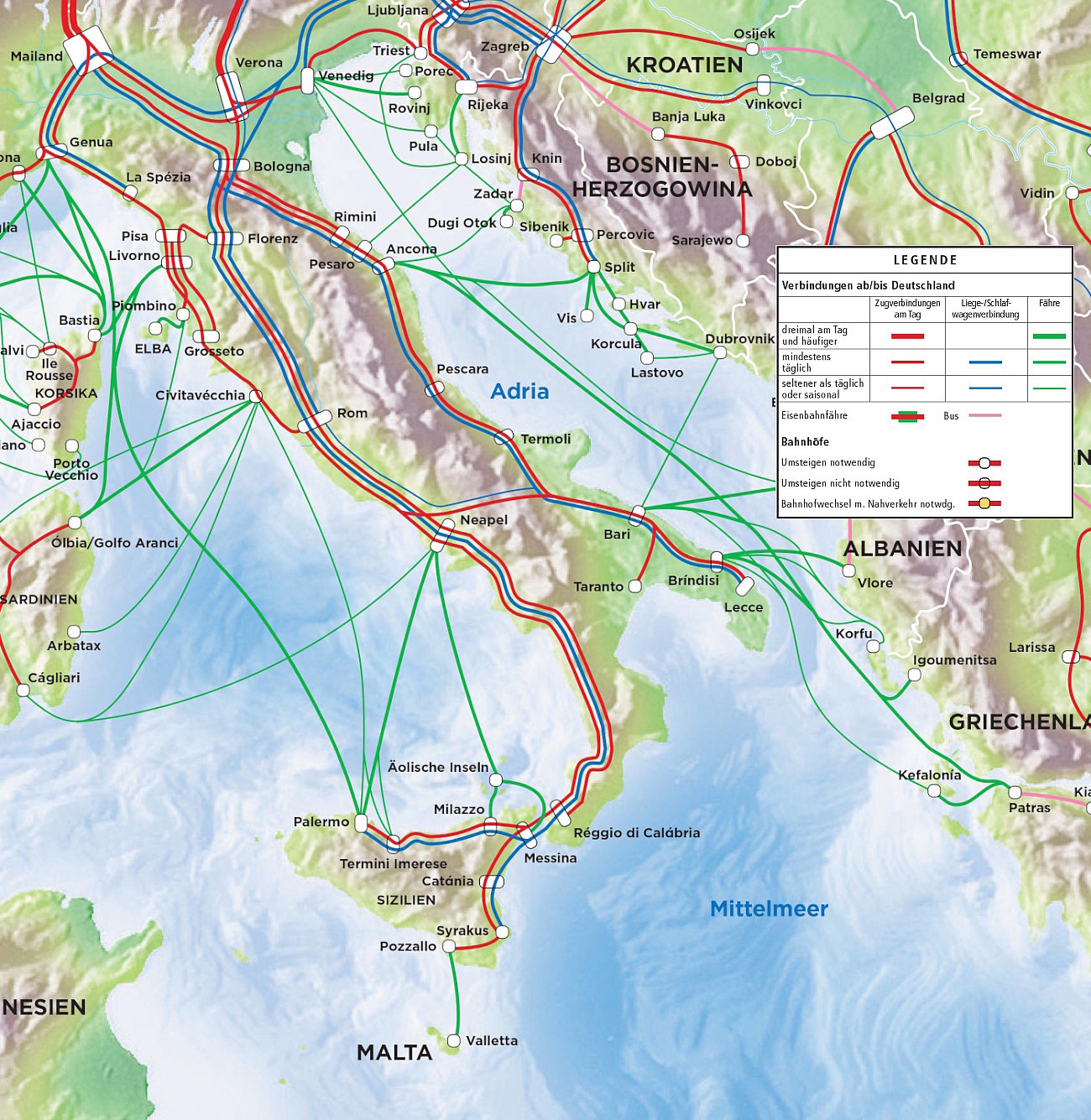 Karte: Strecken mit Bahn, Bus und Fähre Sizilien, Malta, Äolische Inseln