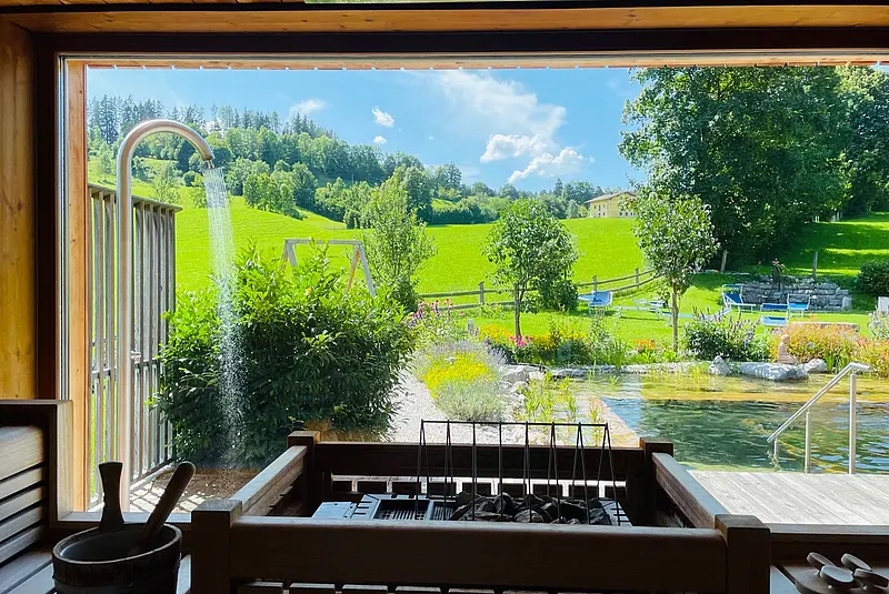 Innenansicht einer Sauna mit einem großen Fenster mit Blick in einen sommerlichen Garten