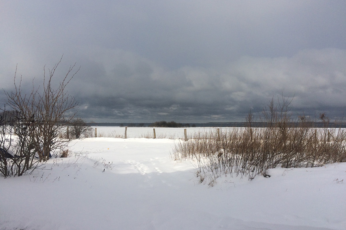 Eine dick verschneite Wiese, im Hintergrund die Ostsee