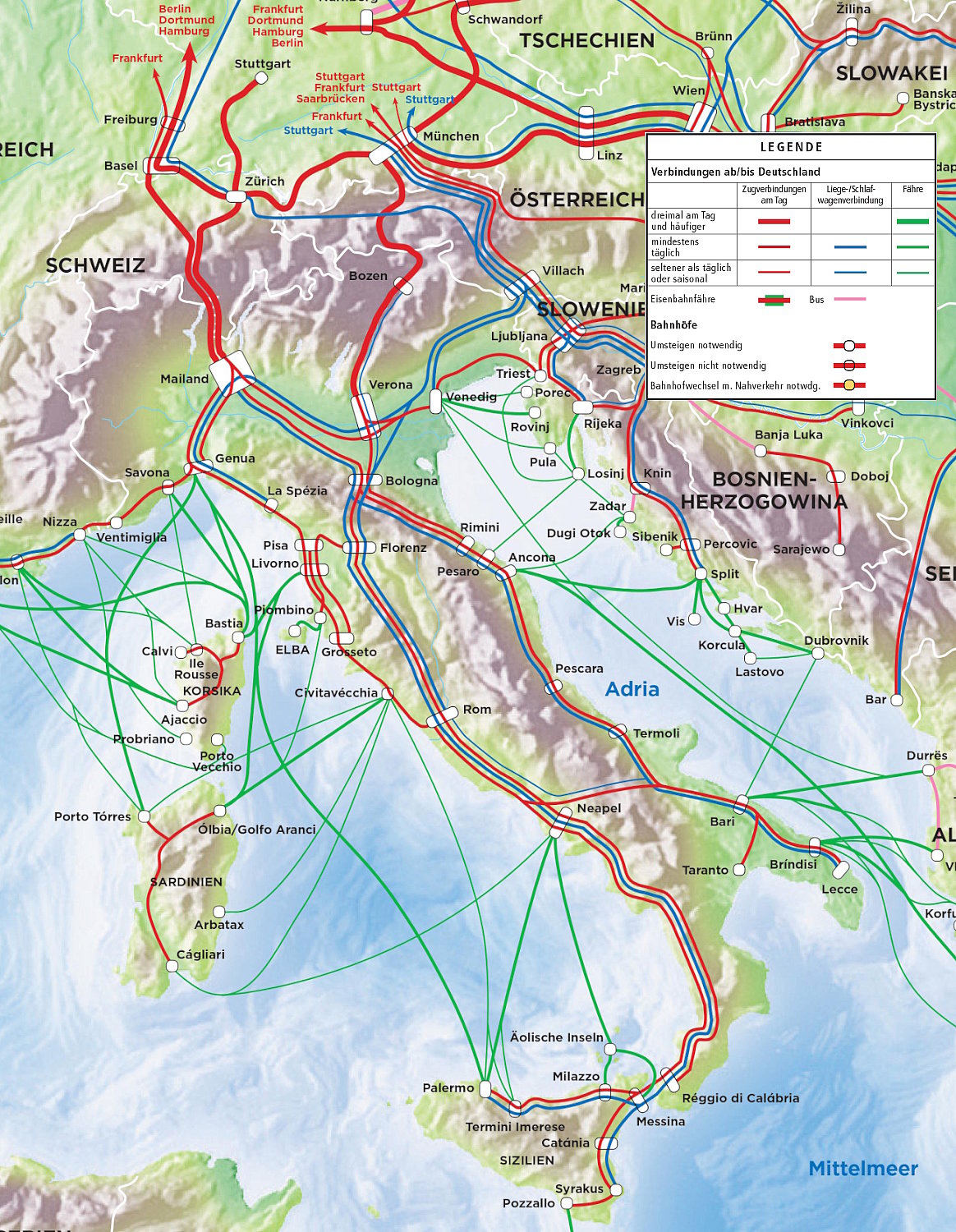 Karte: Strecken nach Italien mit Bahn, Bus und Fähre