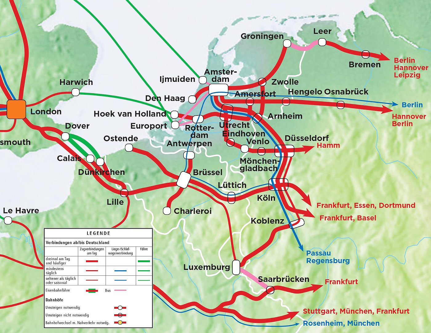 Karte: Strecken Belgien, Niederlande, Luxemburg mit Bahn und Bus