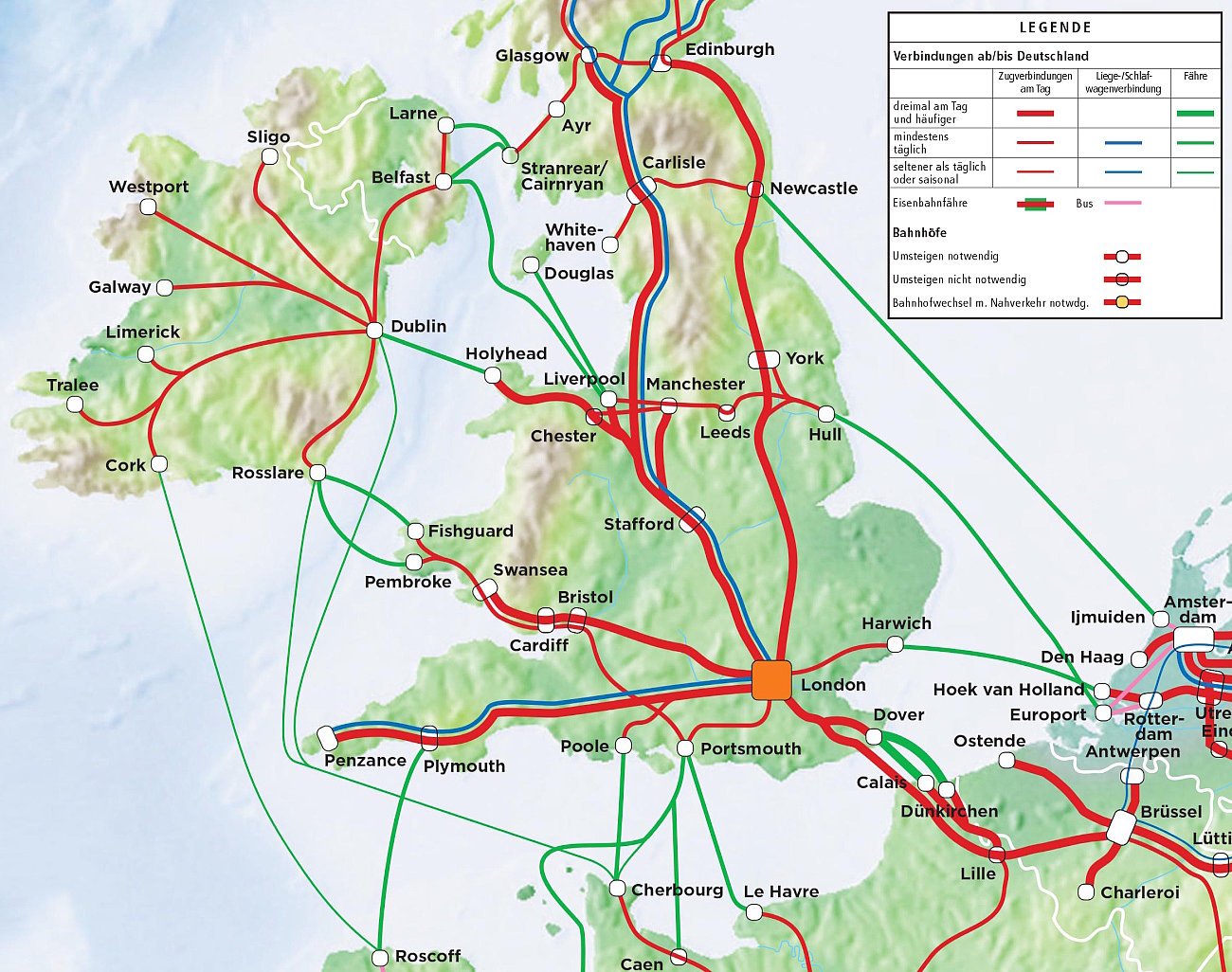 Karte: Strecken nach Irland mit Bahn, Bus und Fähre