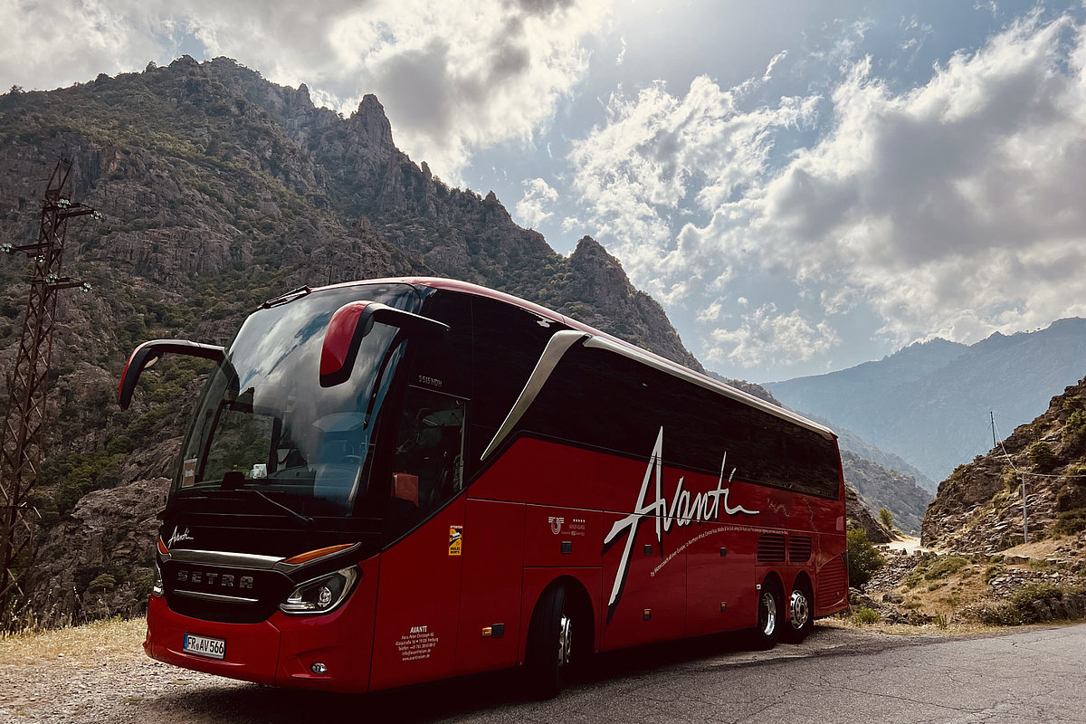 Roter Bus vor einer Berglandschaft