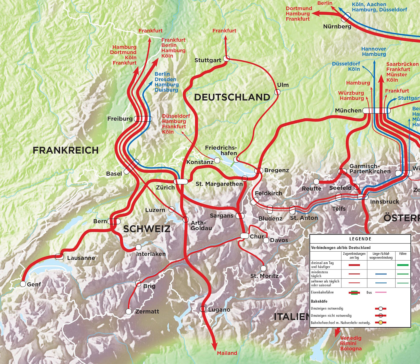 Karte: Strecken in die Schweiz mit Bahn und Bus