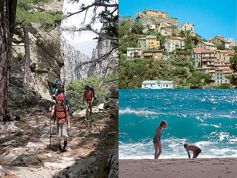 Eine Collage aus Urlaubsfotos aus Korsika: Wanderung, Strand, Corte