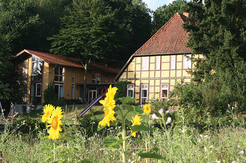 Ein großes Landhaus im Grünen mit Sonnenblumen im Vordergrund