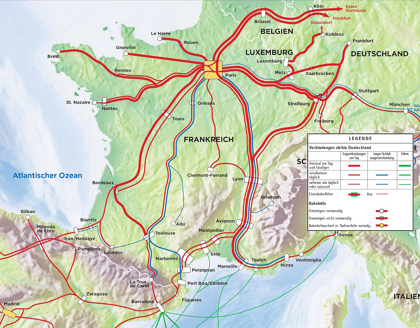 Karte: Strecken nach Frankreich mit Bahn und Bus