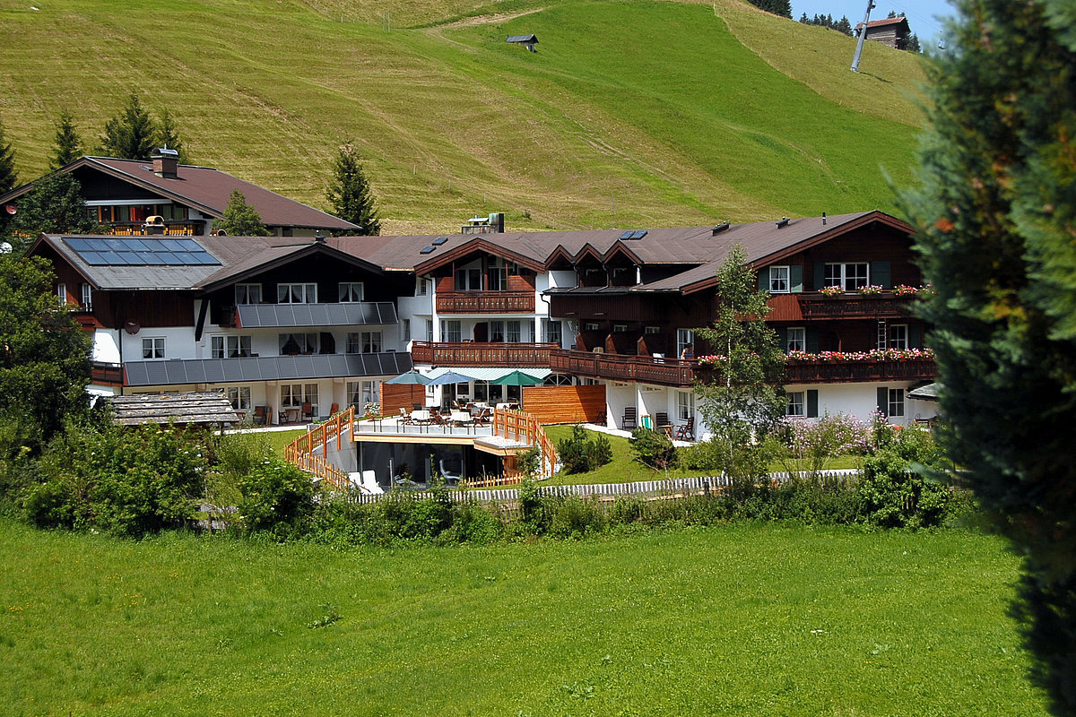 Österreichische Bauernhäuser vor grüner Bergwiese mit Skilift