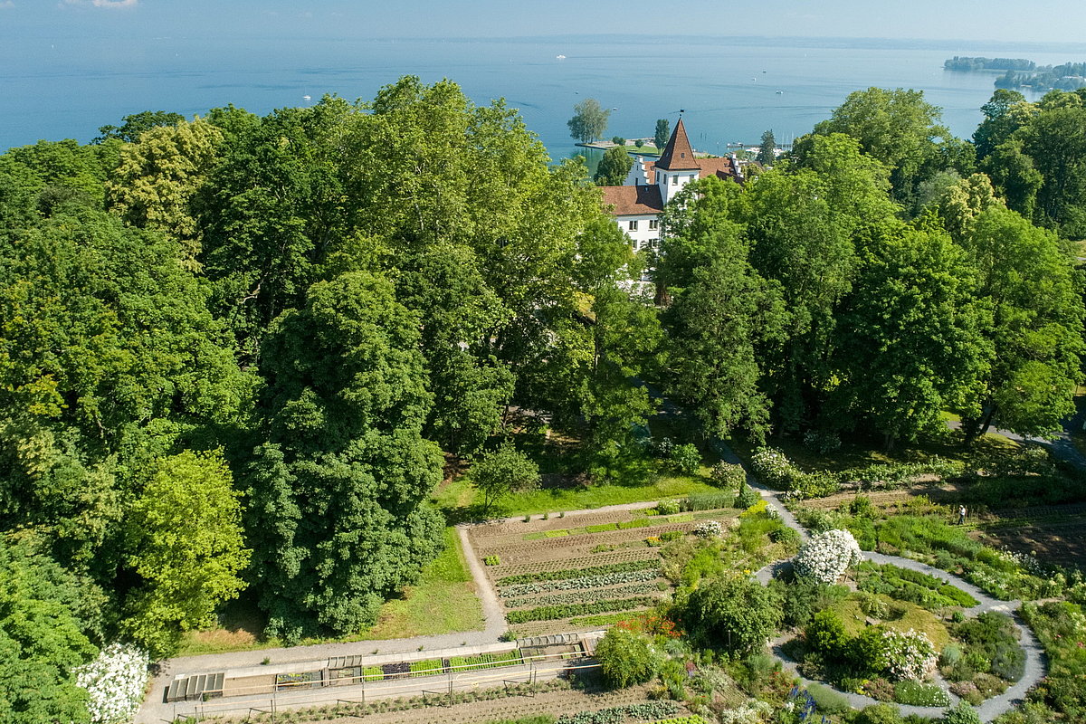 Luftaufnahme auf einen Nutzgarten mit einer Parkanlage drumherum, im Hintergrund See und ein Hotel