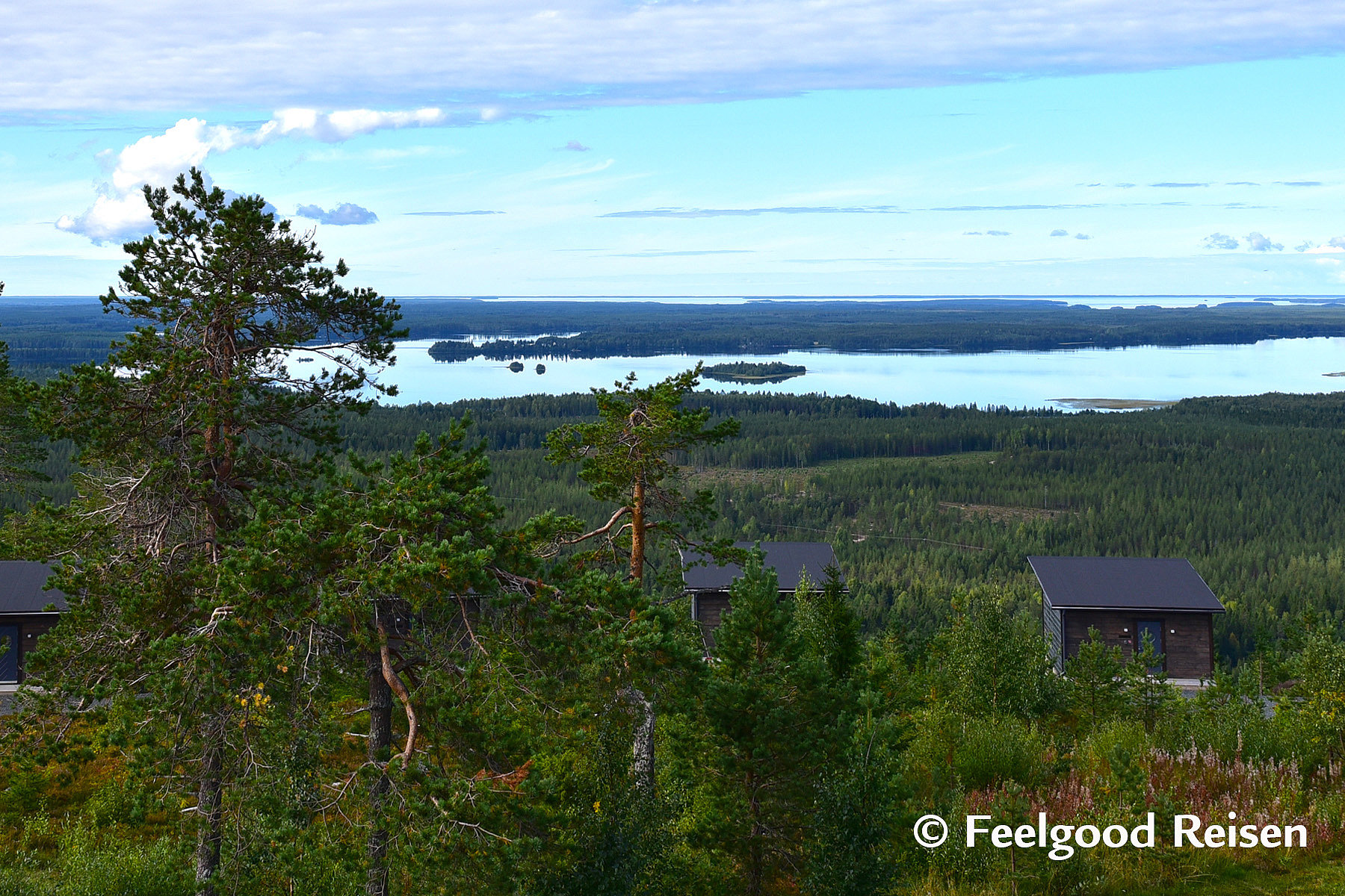 Großer See in Finnland, unendlich weiter Nadelwald mit kleinen Hütten