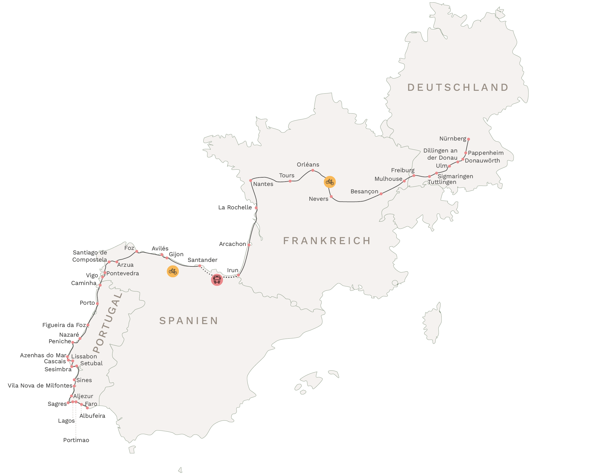 Eine Karte, die auf der die, von der Autorin gefahrene, Strecke durch Portugal, Spanien, Frankreich und Deutschland eingezeichnet ist